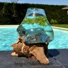 Aquarium ou bol à punch en verre recyclé soufflé en fusion sur du bois