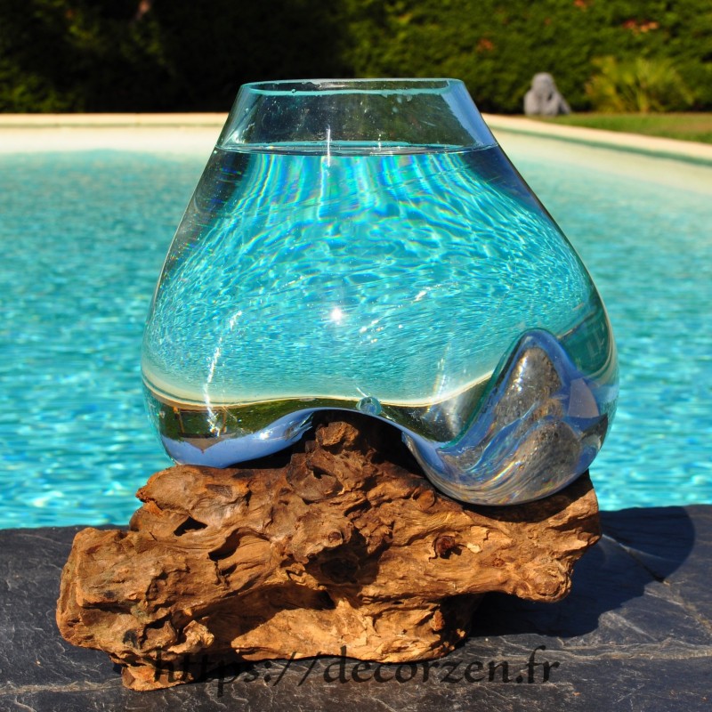 Aquarium ou vase en verre recyclé soufflé à la bouche en fusion sur du bois flotté, le vase est amovible pour un lavage aisé Aquarium ou vase en verre recyclé soufflé à la bouche en fusion sur du bois flotté, le vase est amovible pour un lavage aisé