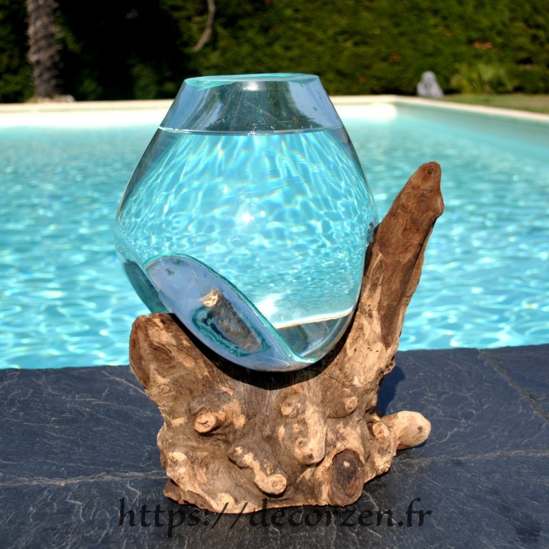 Aquarium ou vase en verre recyclé soufflé à la bouche en fusion sur du bois flotté, le vase est amovible pour un lavage aisé Aquarium ou vase en verre recyclé soufflé à la bouche en fusion sur du bois flotté, le vase est amovible pour un lavage aisé