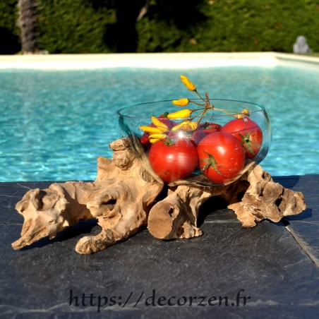 Terrarium, bonbonnière ou ramequin à apéro en verre recyclé soufflé coulé en fusion sur du bois flotté, le verre est amovible Terrarium, bonbonnière ou ramequin à apéro en verre recyclé soufflé coulé en fusion sur du bois flotté, le verre est amovible