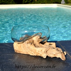 Terrarium, bonbonnière ou bol à apéro en verre recyclé soufflé et moulé en fusion sur du bois flotté.Le vase est amovible