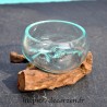 Terrarium, ramequin apéro en verre recyclé soufflé coulé en fusion sur du bois flotté, le verre se sort pour le laver