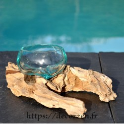Terrarium, bonbonnière ou ramequin apéro en verre recyclé soufflé en fusion sur du bois flotté.