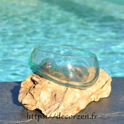 Terrarium, ramequin apéro en verre recyclé soufflé en fusion sur du bois flotté, le verre s'enlève pour le laver