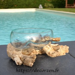 Terrarium, bonbonnière ou bol à apéro en verre recyclé soufflé et moulé en fusion sur du bois flotté. Le vase est amovible