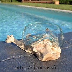 Terrarium, bonbonnière ou ramequin à apéro en verre recyclé soufflé coulé en fusion sur du bois flotté, le vase se sort