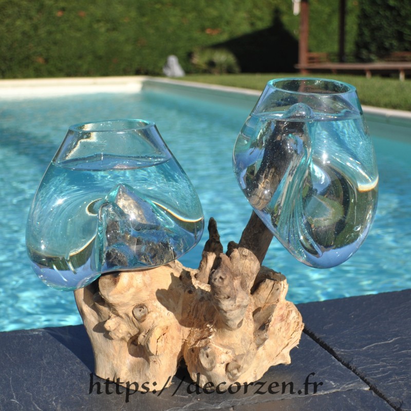 2 aquariums en verre recyclé soufflé en fusion directement sur du bois flotté, les vases sont amovibles pour les laver 2 aquariums en verre recyclé soufflé en fusion directement sur du bois flotté, les vases sont amovibles pour les laver