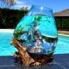 Aquarium ou bol à punch en verre recyclé soufflé et moulé à la bouche en fusion sur du bois flotté, le vase est amovible