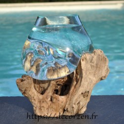 Verre à duo ou  vase en verre recyclé soufflé sur du bois flotté, le vase est amovible pour le laver