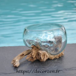 Terrarium ou ramequin apéro en verre recyclé soufflé en fusion sur du bois flotté.