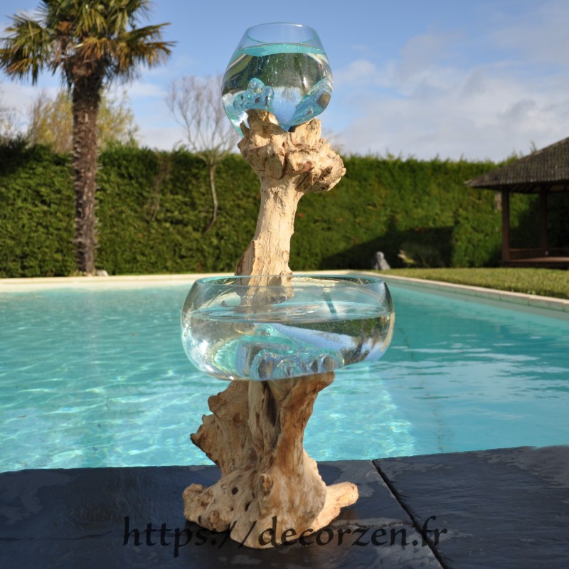 1 vase et un terrarium en verre recyclé soufflé en fusion directement sur du bois flotté, les verres sont amovibles 1 vase et un terrarium en verre recyclé soufflé en fusion directement sur du bois flotté, les verres sont amovibles