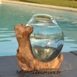 Verre à cocktail ou  vase en verre recyclé soufflé en fusion sur du bois flotté, le vase est amovible pour le laver