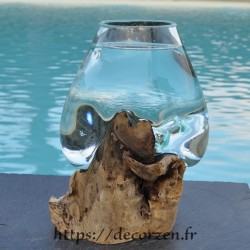 Verre à cocktail ou  vase en verre recyclé soufflé en fusion sur du bois flotté, le vase est amovible