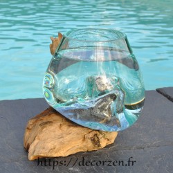 Verre à duo ou  vase en verre recyclé soufflé sur du bois flotté, le vase est amovible pour le laver