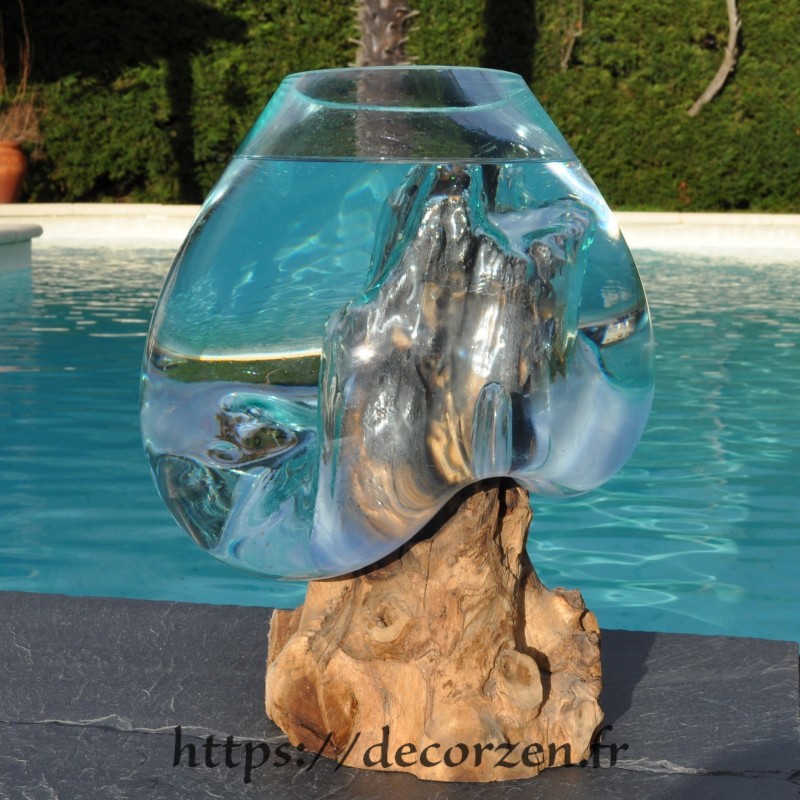 Aquarium ou vase en verre recyclé soufflé à la bouche en fusion sur du bois flotté, le vase est amovible pour le lavage. Aquarium ou vase en verre recyclé soufflé à la bouche en fusion sur du bois flotté, le vase est amovible pour le lavage.