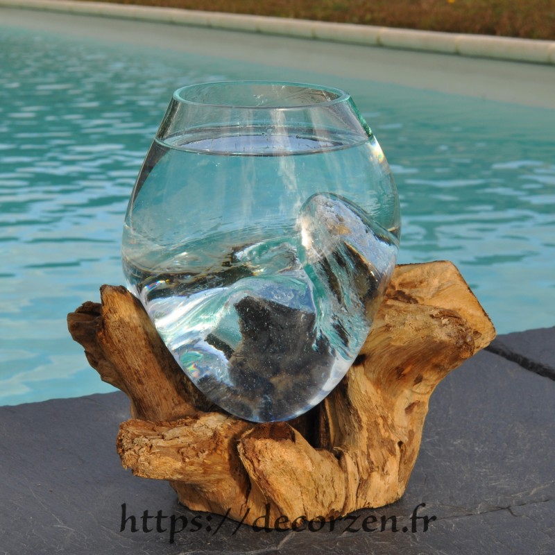 Verre à duo ou vase en verre recyclé soufflé sur du bois flotté, le vase est amovible pour le laver Verre à duo ou vase en verre recyclé soufflé sur du bois flotté, le vase est amovible pour le laver