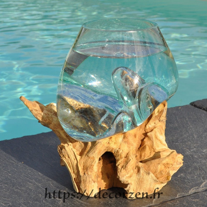 Verre à duo ou vase en verre recyclé soufflé sur du bois flotté, le vase est amovible pour le laver Verre à duo ou vase en verre recyclé soufflé sur du bois flotté, le vase est amovible pour le laver