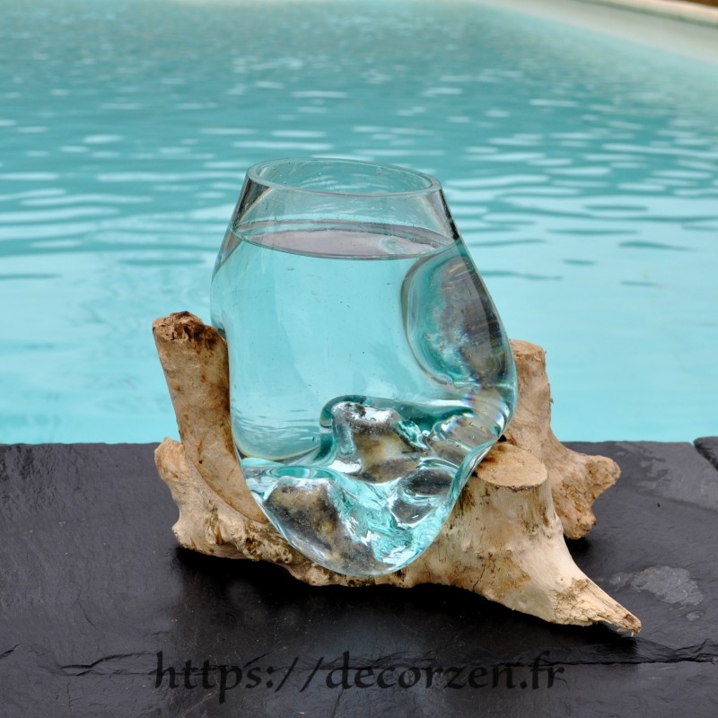 Verre à duo ou vase en verre recyclé soufflé sur du bois flotté, le vase est amovible pour le laver Verre à duo ou vase en verre recyclé soufflé sur du bois flotté, le vase est amovible pour le laver