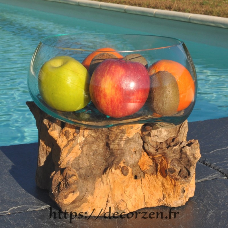 Terrarium, bonbonnière ou ramequin à apéro en verre recyclé soufflé en fusion sur du bois flotté. Terrarium, bonbonnière ou ramequin à apéro en verre recyclé soufflé en fusion sur du bois flotté.
