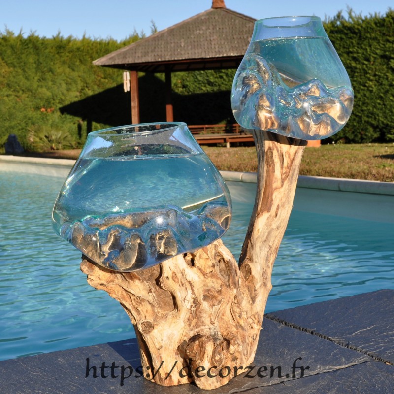 Deux aquariums en verre recyclé soufflé en fusion directement sur du bois flotté, les verres sont amovibles Deux aquariums en verre recyclé soufflé en fusion directement sur du bois flotté, les verres sont amovibles