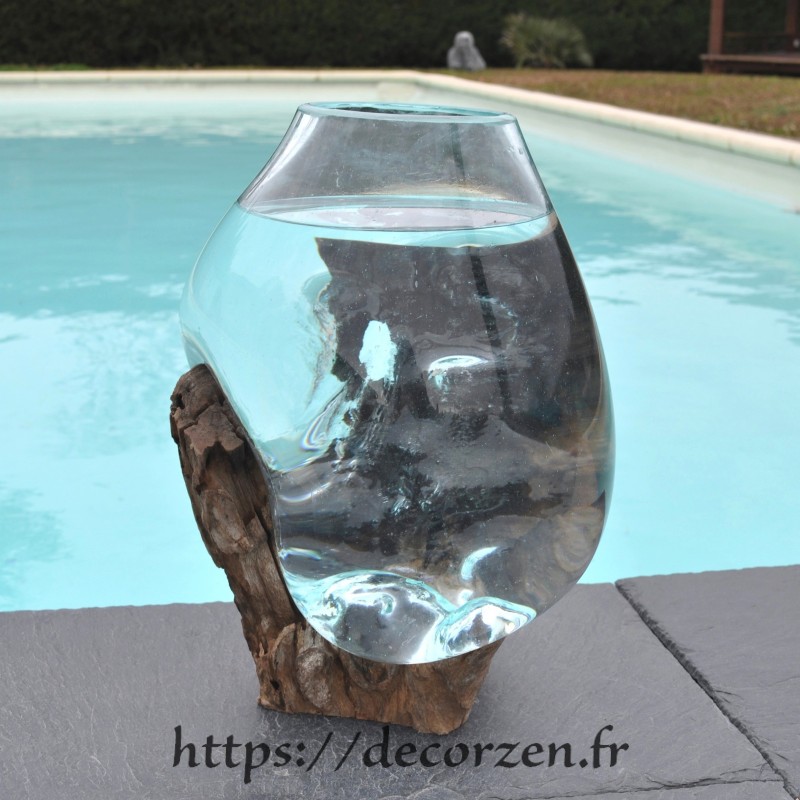 Aquarium ou vase en verre recyclé soufflé à la bouche en fusion sur du bois flotté, le vase est amovible pour le lavage. Aquarium ou vase en verre recyclé soufflé à la bouche en fusion sur du bois flotté, le vase est amovible pour le lavage.