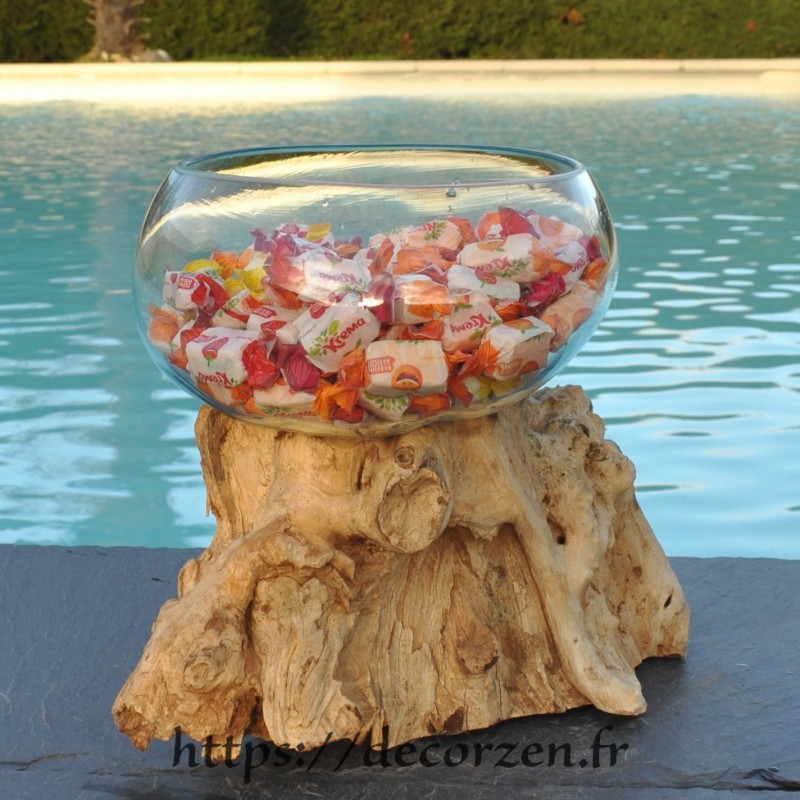 Terrarium, bonbonnière ou saladier à apéro en verre recyclé soufflé coulé en fusion sur du bois flotté. Terrarium, bonbonnière ou saladier à apéro en verre recyclé soufflé coulé en fusion sur du bois flotté.
