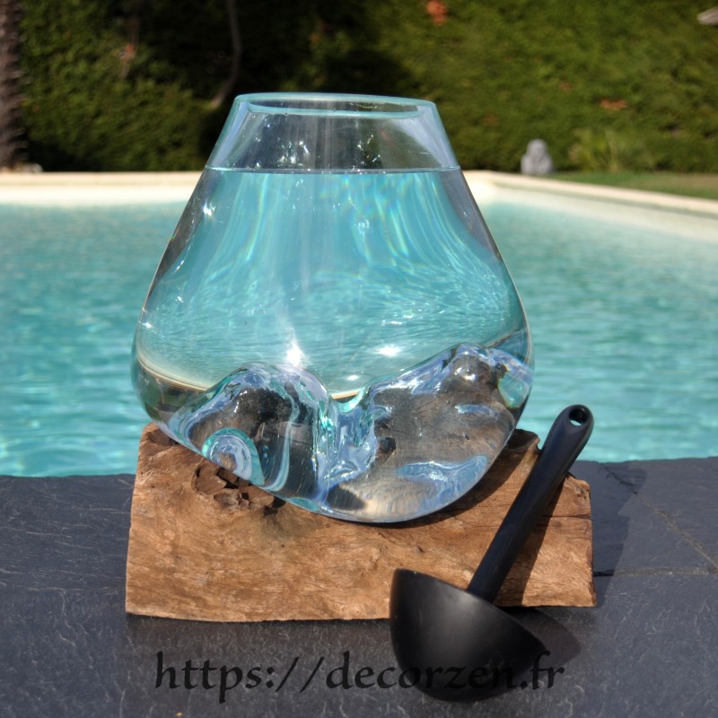Aquarium ou vase en verre recyclé soufflé à la bouche en fusion sur du bois flotté, le vase est amovible pour le laver Aquarium ou vase en verre recyclé soufflé à la bouche en fusion sur du bois flotté, le vase est amovible pour le laver