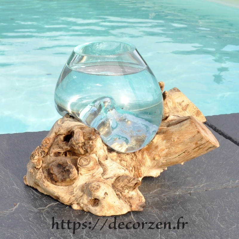 Verre à duo ou vase en verre recyclé soufflé sur du bois flotté, le vase est amovible pour le laver Verre à duo ou vase en verre recyclé soufflé sur du bois flotté, le vase est amovible pour le laver