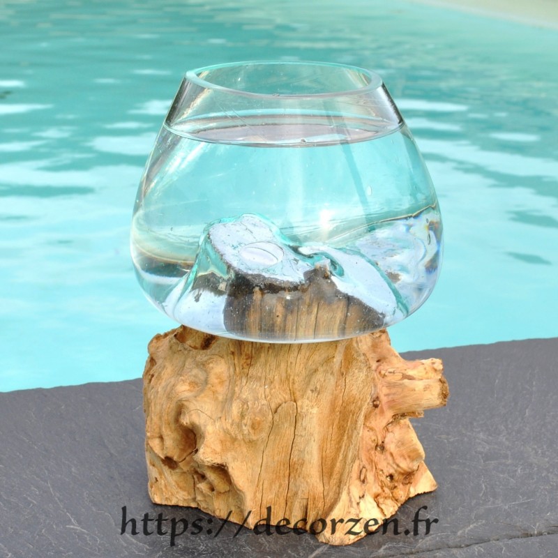 Verre à duo ou vase en verre recyclé soufflé sur du bois flotté, le vase est amovible pour le laver Verre à duo ou vase en verre recyclé soufflé sur du bois flotté, le vase est amovible pour le laver