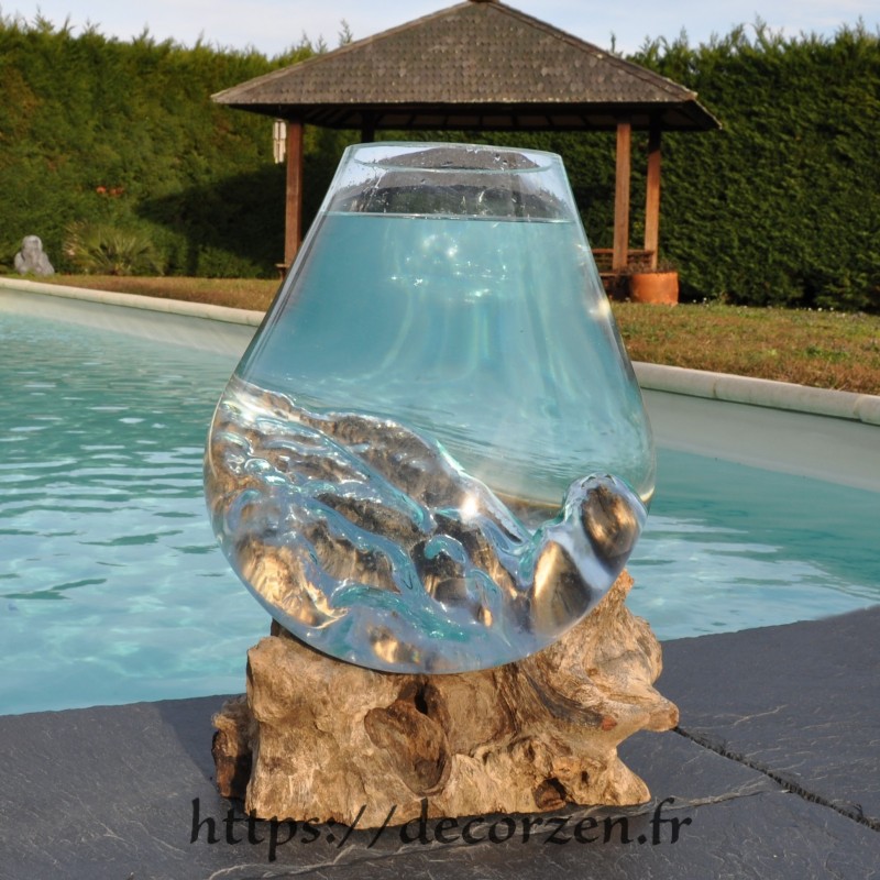 Aquarium ou vase en verre recyclé soufflé à la bouche en fusion sur du bois flotté, le vase est amovible pour le lavage. Aquarium ou vase en verre recyclé soufflé à la bouche en fusion sur du bois flotté, le vase est amovible pour le lavage.