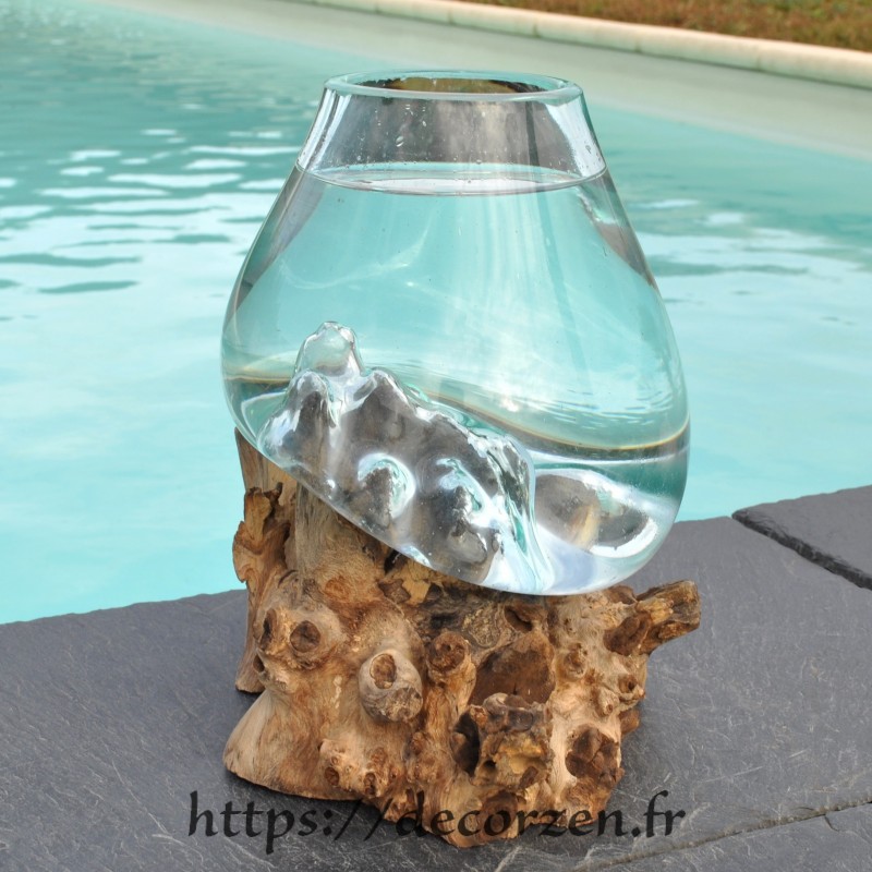 Verre à cocktail ou vase en verre recyclé soufflé en fusion sur du bois flotté, le vase est amovible pour le lavage Verre à cocktail ou vase en verre recyclé soufflé en fusion sur du bois flotté, le vase est amovible pour le lavage
