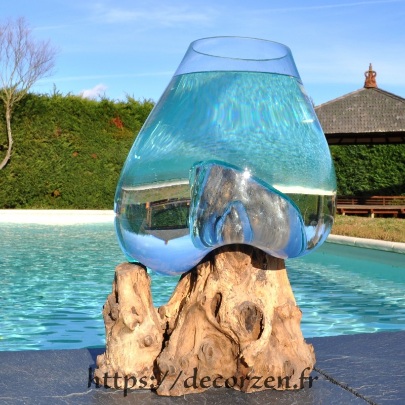 Aquarium ou vase en verre recyclé soufflé à la bouche en fusion sur du bois flotté, le vase est amovible pour le lavage Aquarium ou vase en verre recyclé soufflé à la bouche en fusion sur du bois flotté, le vase est amovible pour le lavage