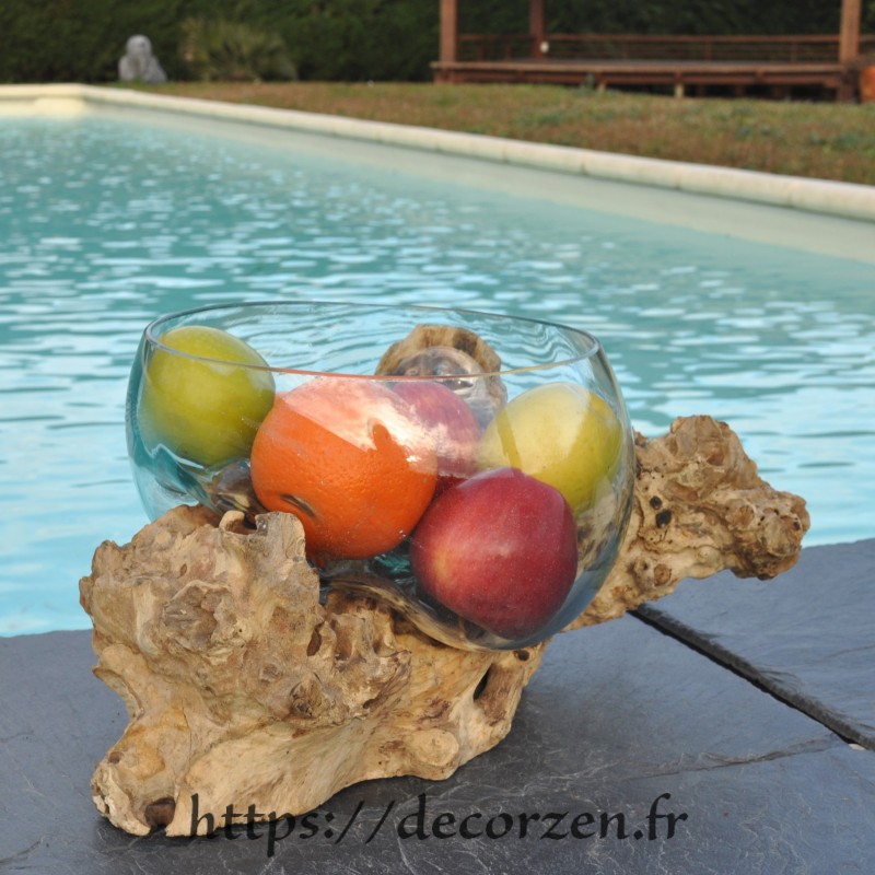 Terrarium, saladier ou ramequin en verre recyclé soufflé moulé en fusion sur du bois flotté. Terrarium, saladier ou ramequin en verre recyclé soufflé moulé en fusion sur du bois flotté.