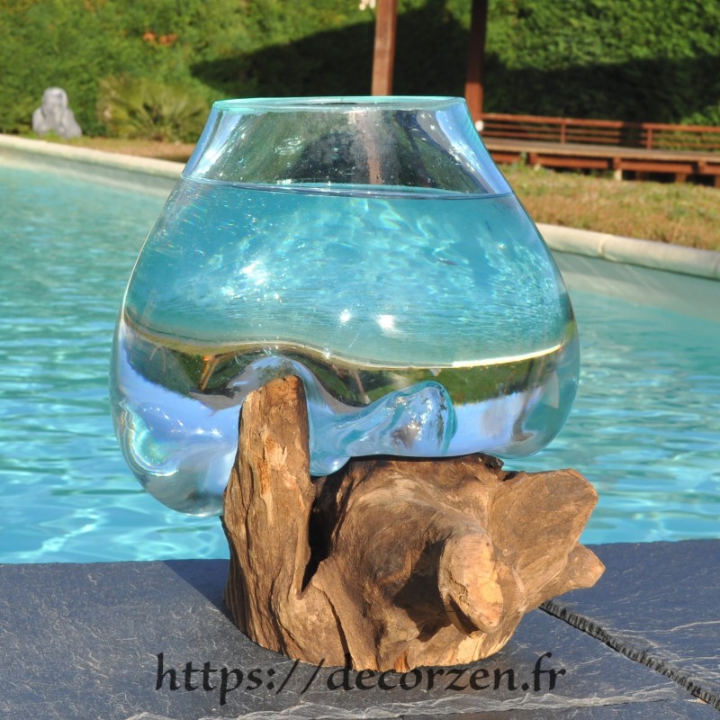 bol à cocktail ou vase en verre recyclé soufflé en fusion sur du bois flotté, le vase est amovible pour le laver bol à cocktail ou vase en verre recyclé soufflé en fusion sur du bois flotté, le vase est amovible pour le laver