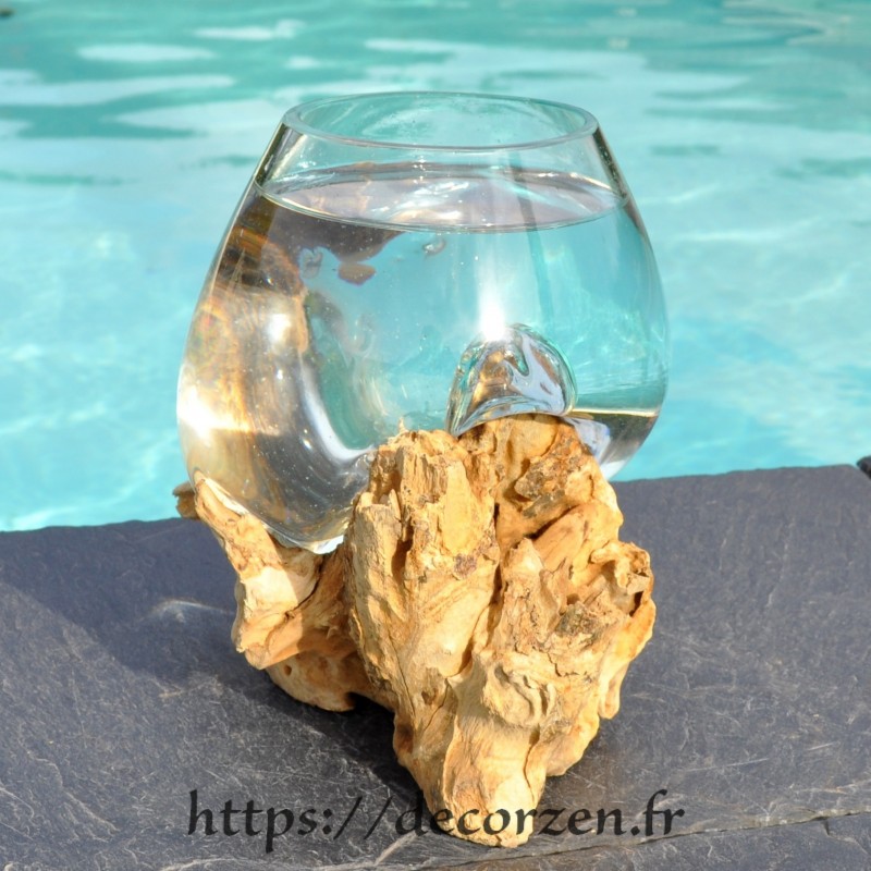 Verre à duo ou vase en verre recyclé soufflé sur du bois flotté, le vase est amovible pour le laver Verre à duo ou vase en verre recyclé soufflé sur du bois flotté, le vase est amovible pour le laver