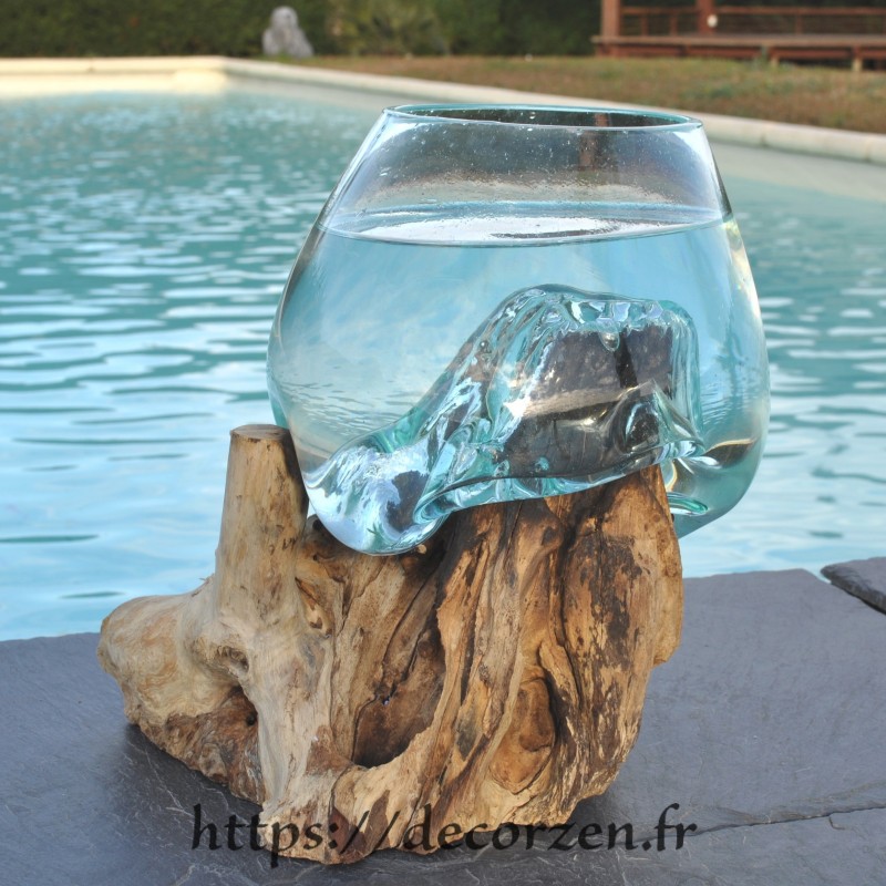 Verre à cocktail ou vase en verre recyclé soufflé en fusion sur du bois flotté, le vase est amovible pour le lavage Verre à cocktail ou vase en verre recyclé soufflé en fusion sur du bois flotté, le vase est amovible pour le lavage