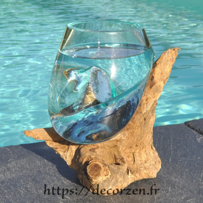 Verre à duo ou vase en verre recyclé soufflé sur du bois flotté, le vase est amovible pour le laver Verre à duo ou vase en verre recyclé soufflé sur du bois flotté, le vase est amovible pour le laver