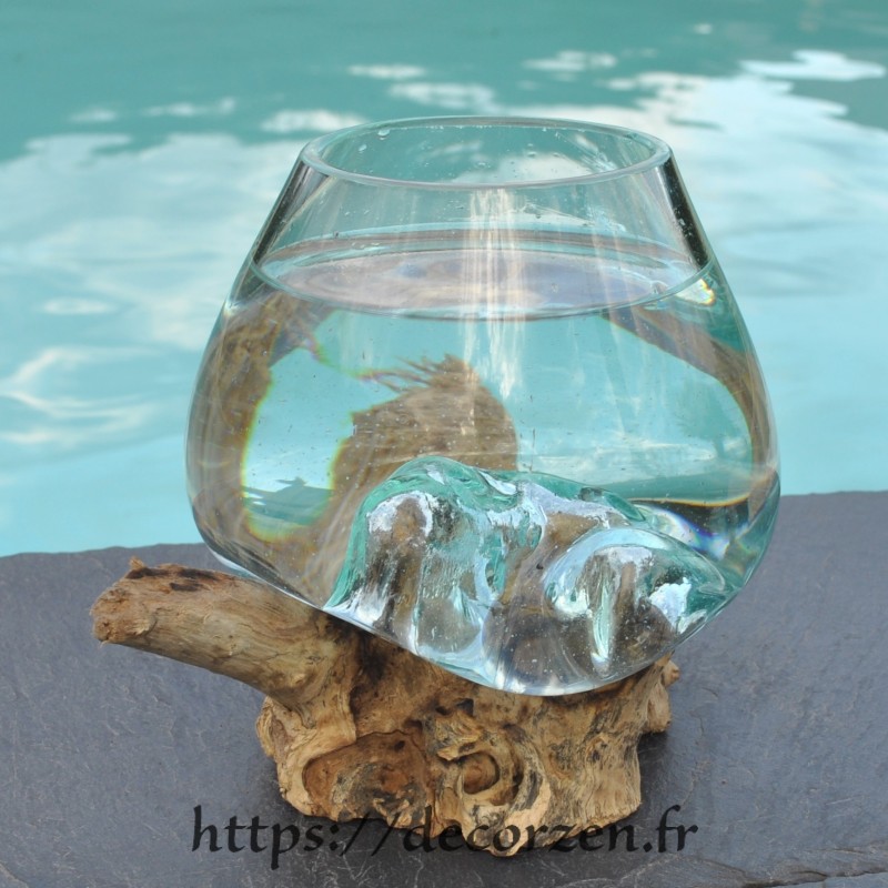 Verre à duo ou vase en verre recyclé soufflé sur du bois flotté, le vase est amovible pour le laver en machine Verre à duo ou vase en verre recyclé soufflé sur du bois flotté, le vase est amovible pour le laver en machine