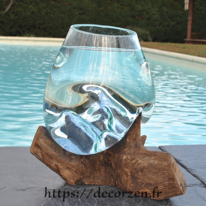 bol à cocktail ou vase en verre recyclé soufflé en fusion sur du bois flotté, le vase est amovible pour le laver bol à cocktail ou vase en verre recyclé soufflé en fusion sur du bois flotté, le vase est amovible pour le laver