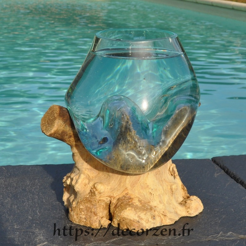 Verre à duo ou vase en verre recyclé soufflé sur du bois flotté, le vase est amovible pour le laver Verre à duo ou vase en verre recyclé soufflé sur du bois flotté, le vase est amovible pour le laver