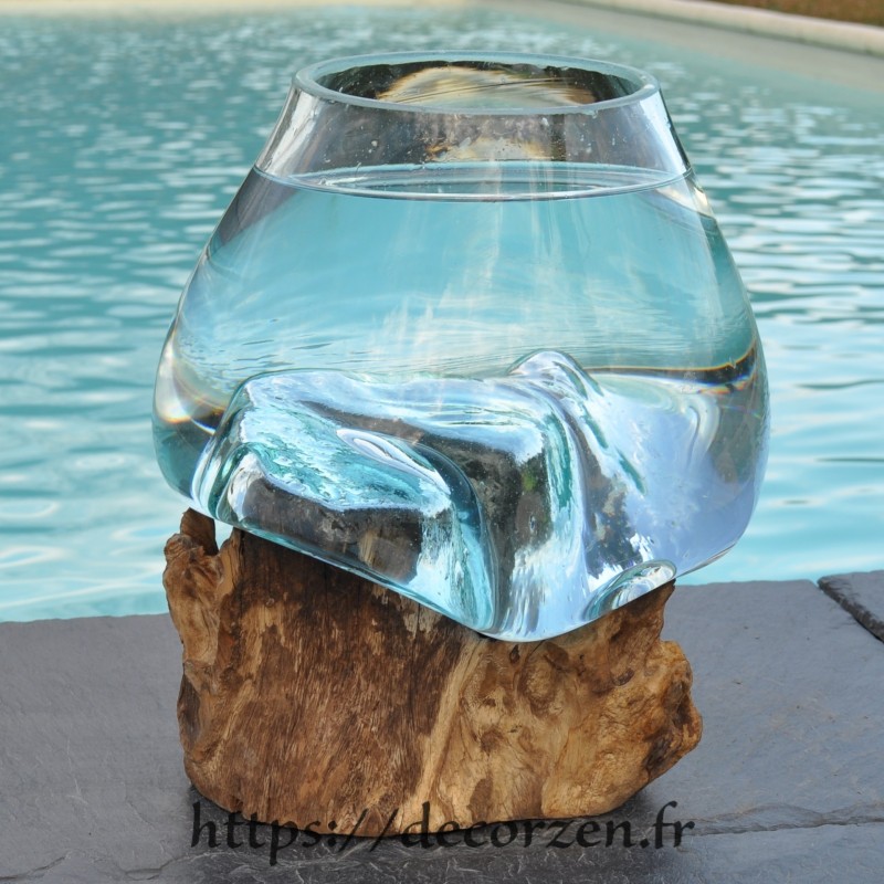 bol à cocktail ou vase en verre recyclé soufflé en fusion sur du bois flotté, le vase est amovible pour le laver bol à cocktail ou vase en verre recyclé soufflé en fusion sur du bois flotté, le vase est amovible pour le laver