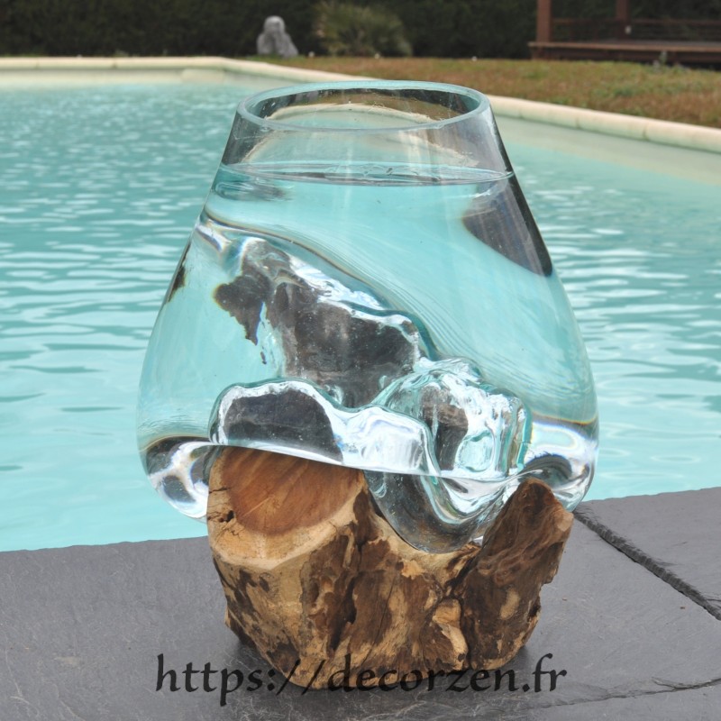 Verre à duo ou vase en verre recyclé soufflé sur du bois flotté, le vase est amovible pour le laver en machine Verre à duo ou vase en verre recyclé soufflé sur du bois flotté, le vase est amovible pour le laver en machine