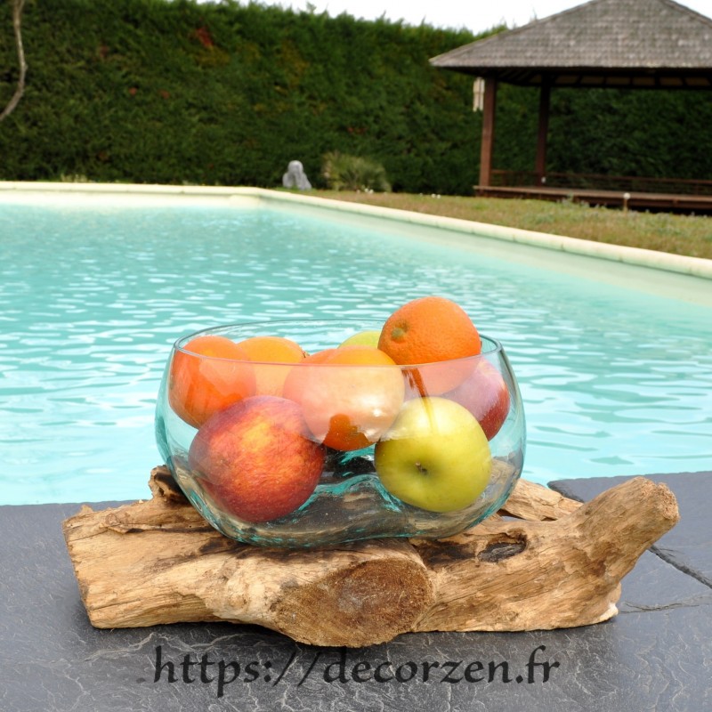 Terrarium, saladier ou ramequin en verre recyclé soufflé moulé en fusion sur du bois flotté. Terrarium, saladier ou ramequin en verre recyclé soufflé moulé en fusion sur du bois flotté.
