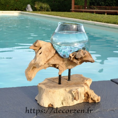 Aquarium ou gros vase en verre soufflé et moulé en fusion sur le bois, le verre est amovible pour le laver