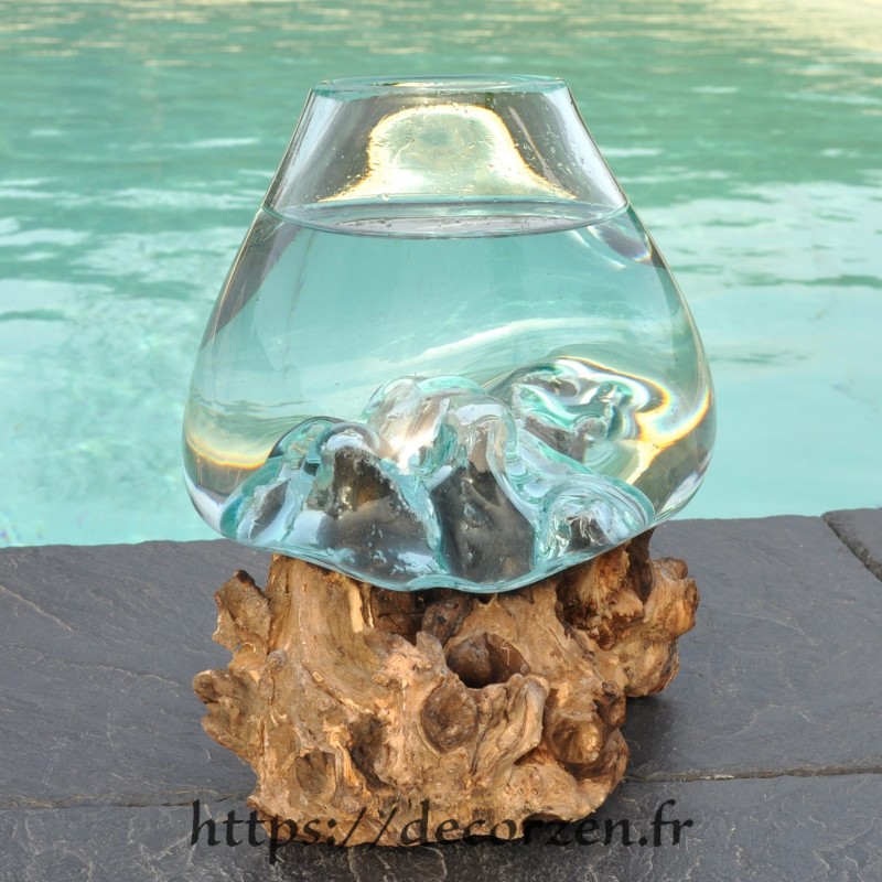 Verre à cocktail ou vase en verre recyclé soufflé en fusion sur du bois flotté, le vase est amovible pour le lavage Verre à cocktail ou vase en verre recyclé soufflé en fusion sur du bois flotté, le vase est amovible pour le lavage