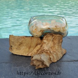 Vasque ou ramequin apéro en verre recyclé soufflé en fusion sur du bois flotté. Le verre s'enlève et passe au lave-vaisselle