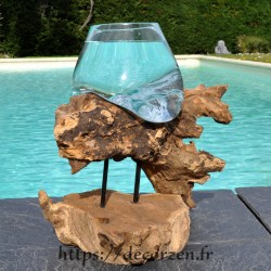 Bol à duo ou gros vase en verre soufflé et coulé en fusion sur le bois, le verre est amovible