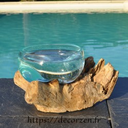 Terrarium ou ramequin apéro en verre recyclé soufflé en fusion sur du bois flotté. Le verre s'enlève et passe au lave-vaisselle