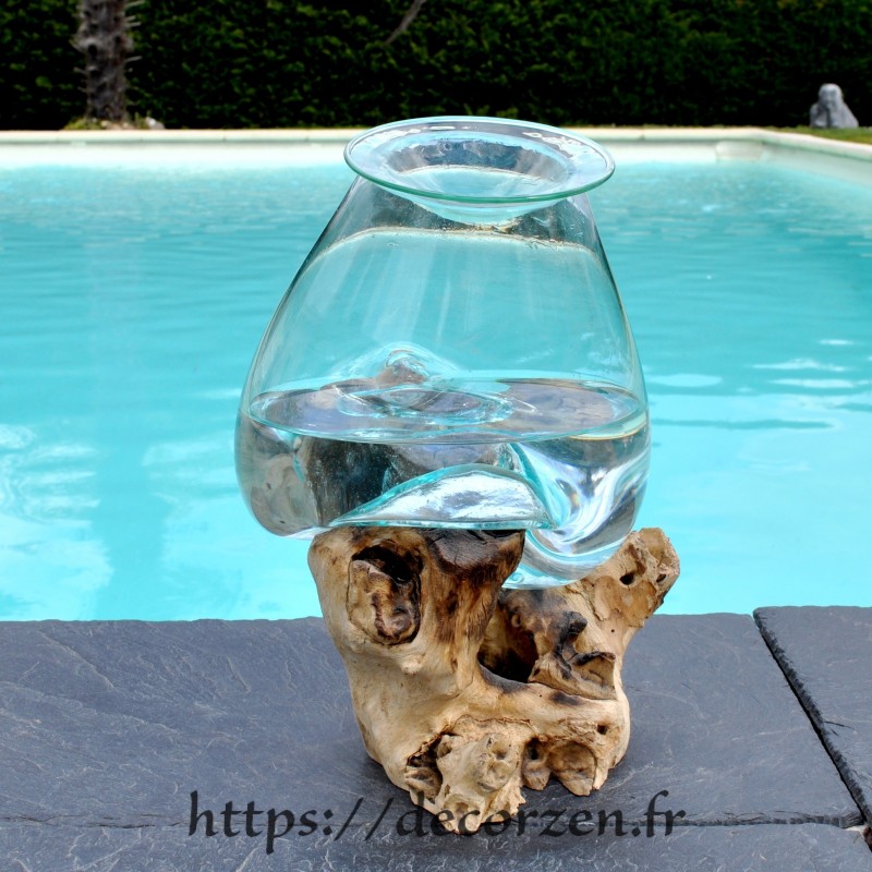 Vase ou terrarium en verre recyclé soufflé en fusion sur du bois flotté, le vase est amovible pour le laver Vase ou terrarium en verre recyclé soufflé en fusion sur du bois flotté, le vase est amovible pour le laver