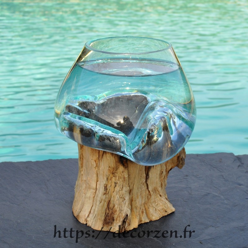 Verre à duo ou vase en verre recyclé soufflé sur du bois flotté, le vase est amovible pour le laver en machine Verre à duo ou vase en verre recyclé soufflé sur du bois flotté, le vase est amovible pour le laver en machine